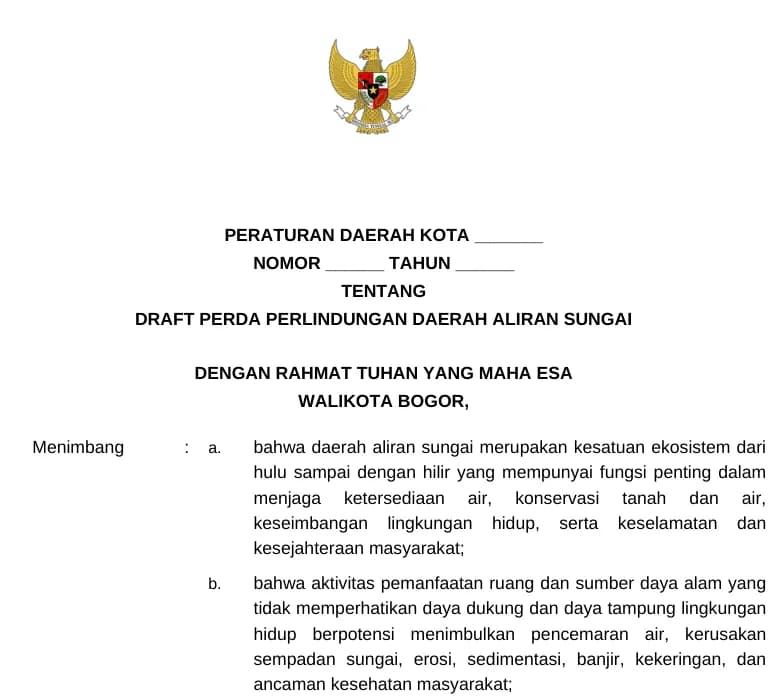 Cuplikan bagian awal draft Perda perlindungan daerah aliran sungai